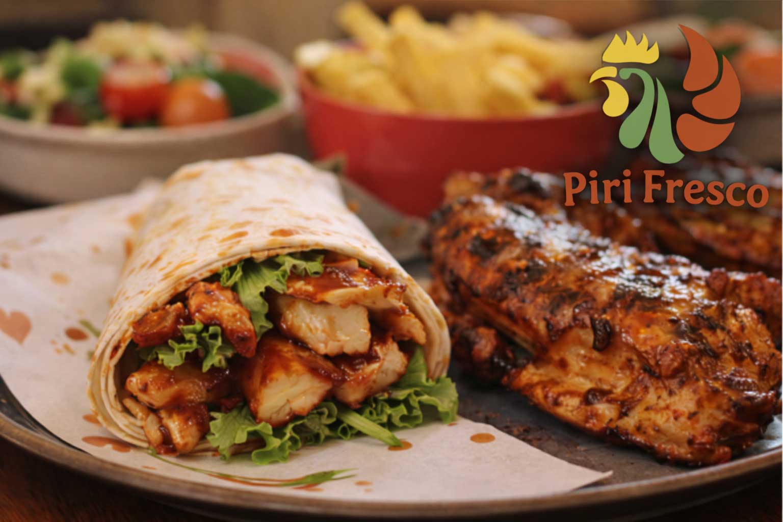 A takeaway wrap and flame-grilled chicken ready for collection